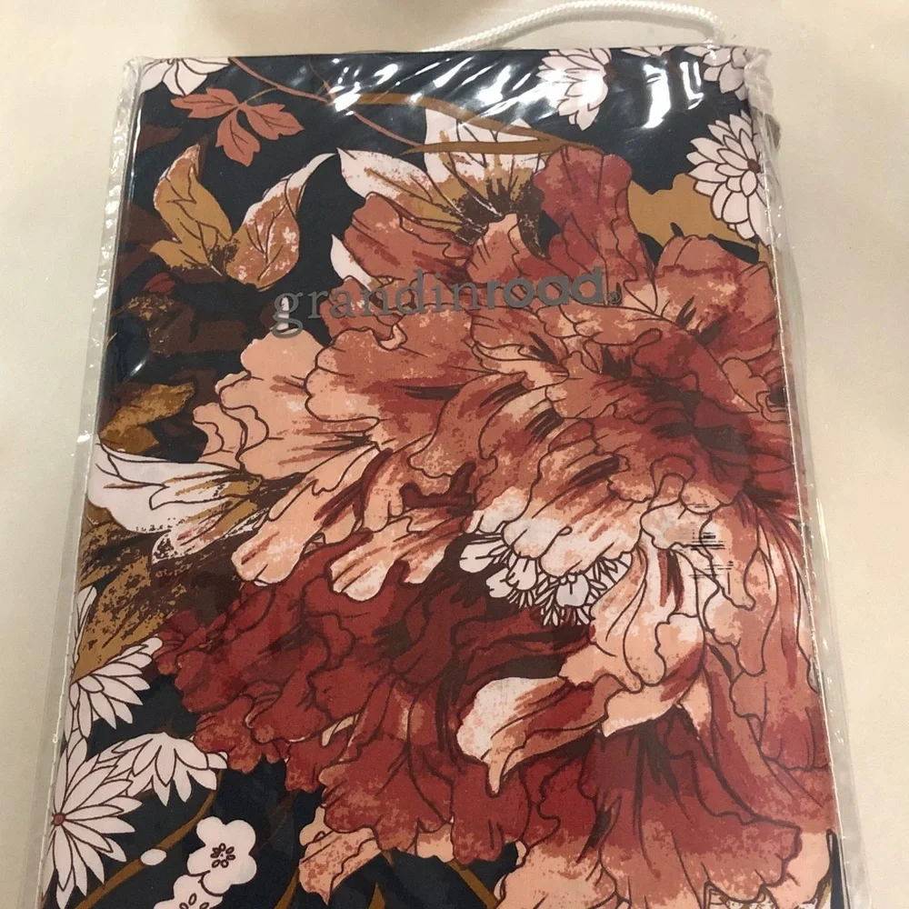 Grandinroad Bria Cotton Duvet Queen in Navy with Pink & Rust Flowers $229 NWT